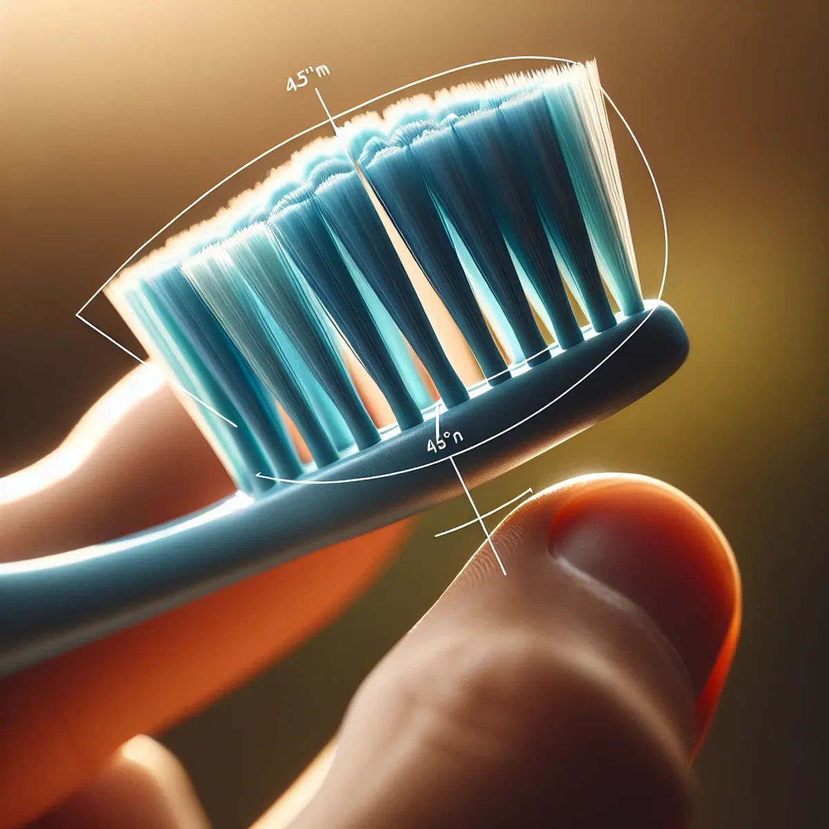 Close-up image of a toothbrush with soft bristles being held at a 45-degree angle, highlighting the efficient brushing technique.