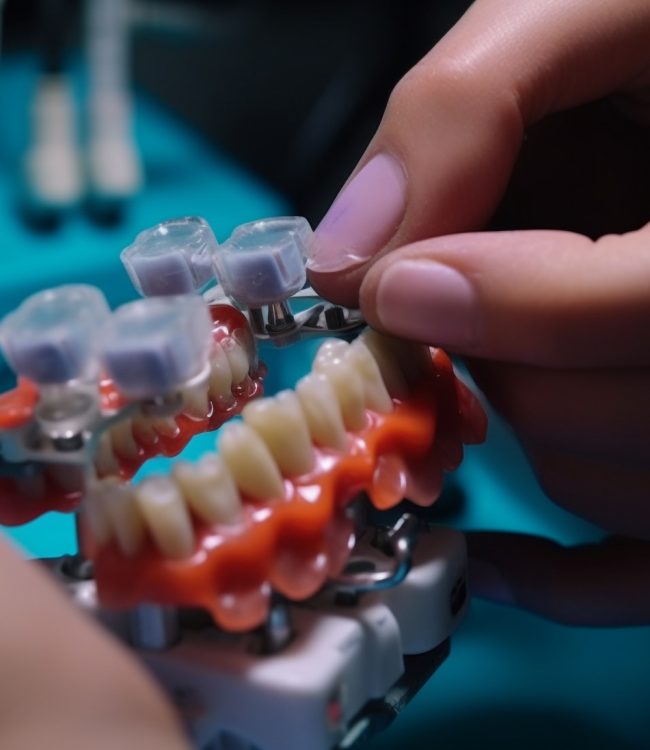 Dentist adjusting dental equipment for prosthetic dentures in close up generated by artificial intelligence